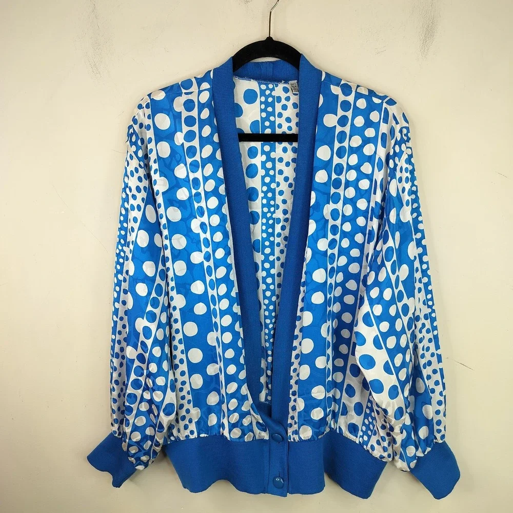 Vintage Polka Dot Silk Cardigan 16 Womens Balloon Sleeve Ribbed Cuff Blue Bold